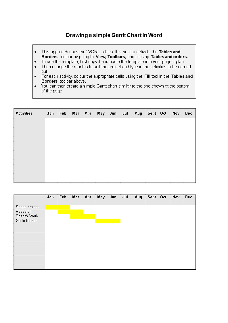 Simple Gantt Chart Template For Project Management Tables Included