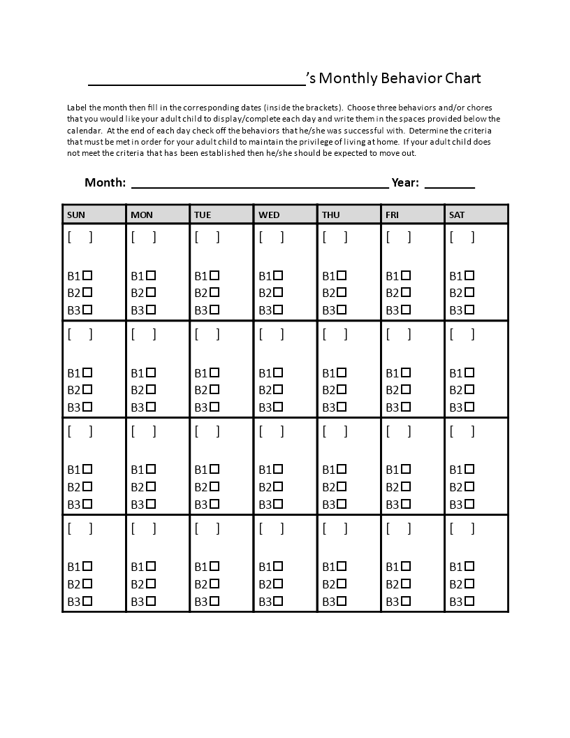 Printable Monthly Behavior Chart For Effective Behavior Tracking