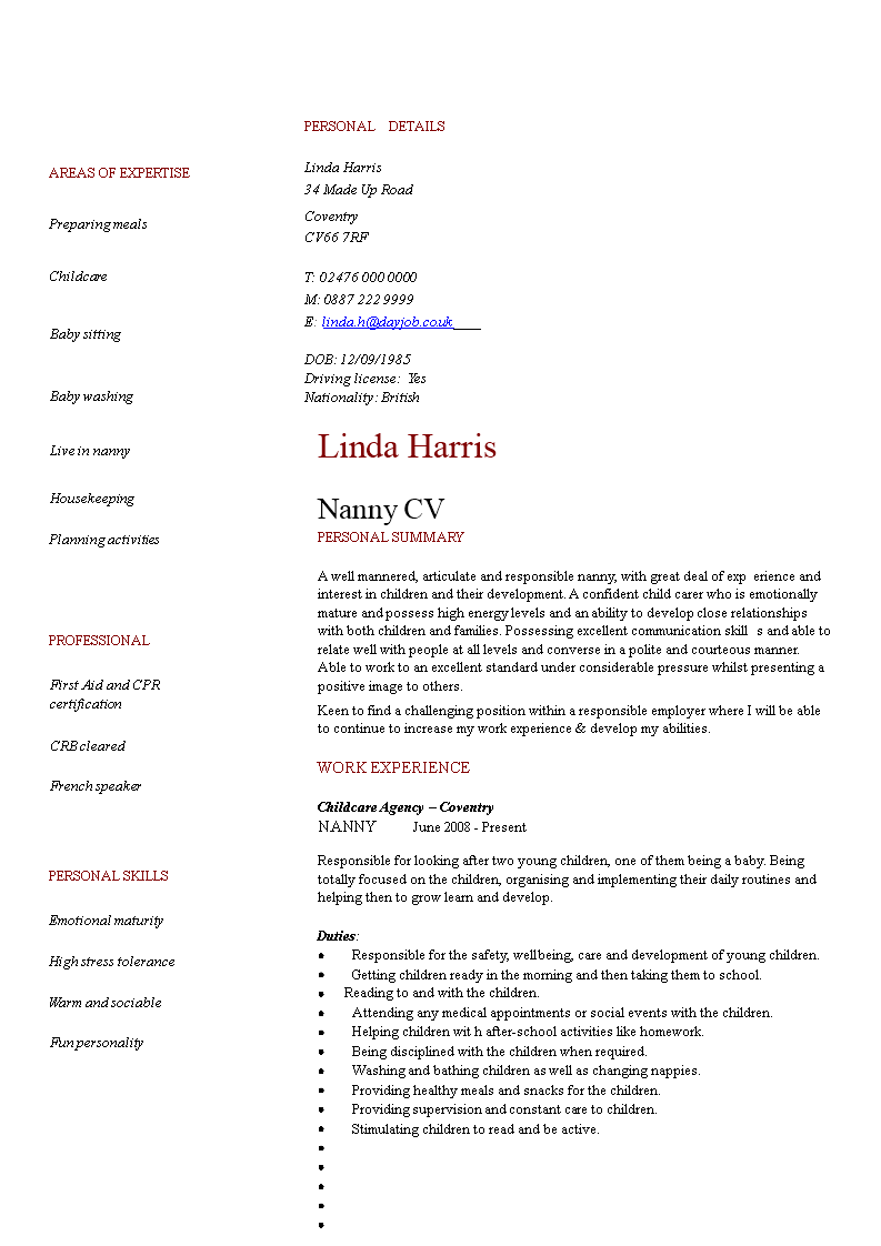 Nanny Babysitter Resume