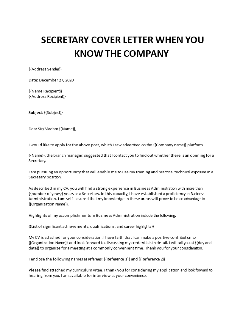 cover letter of secretary