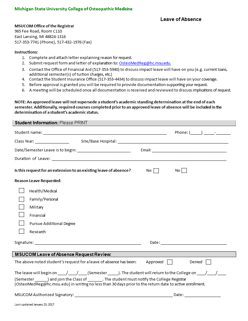 Leave of Absence Template | Request Student Leave | Document