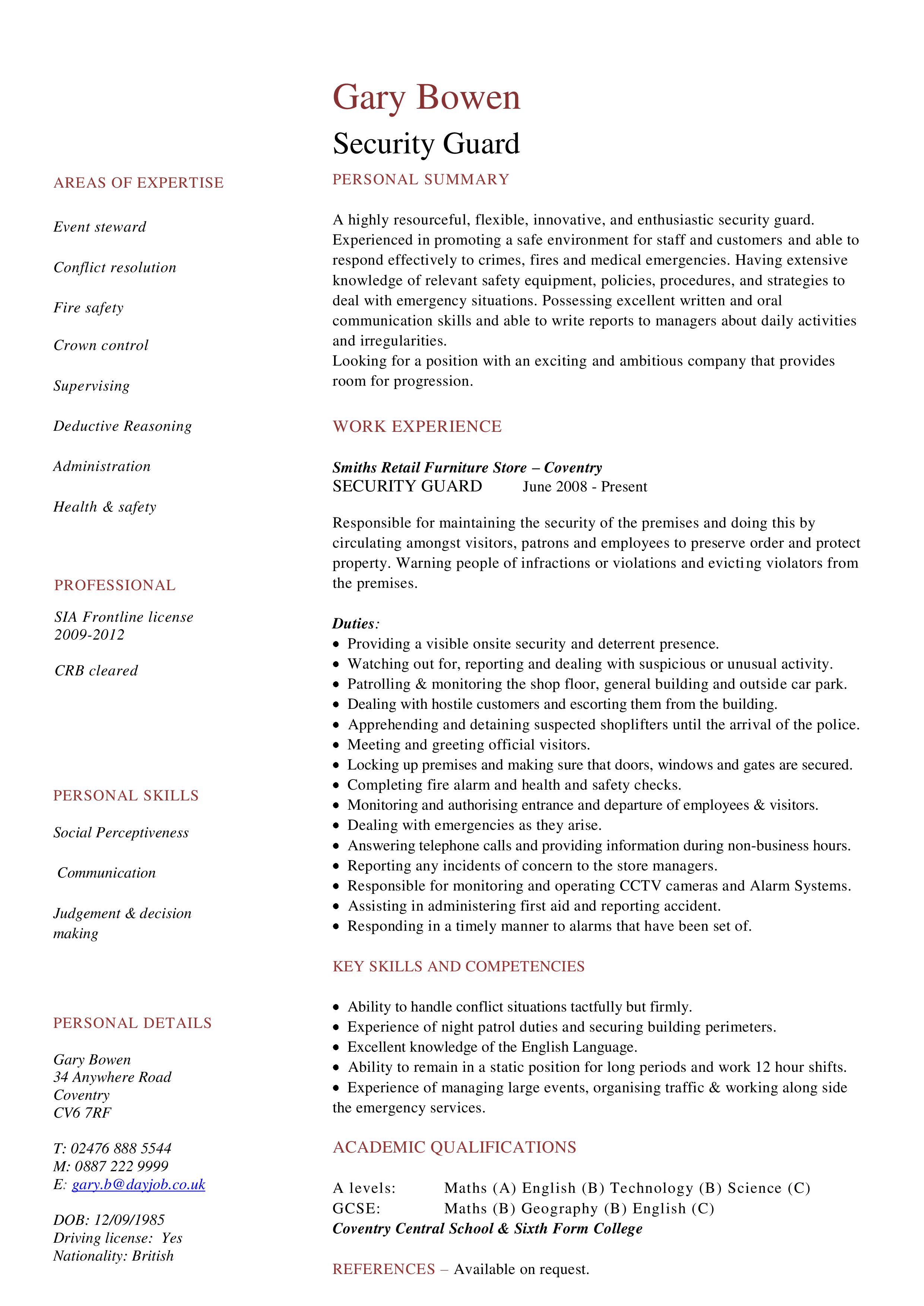 Security Guard Resume: Personal Safety & Security Experience