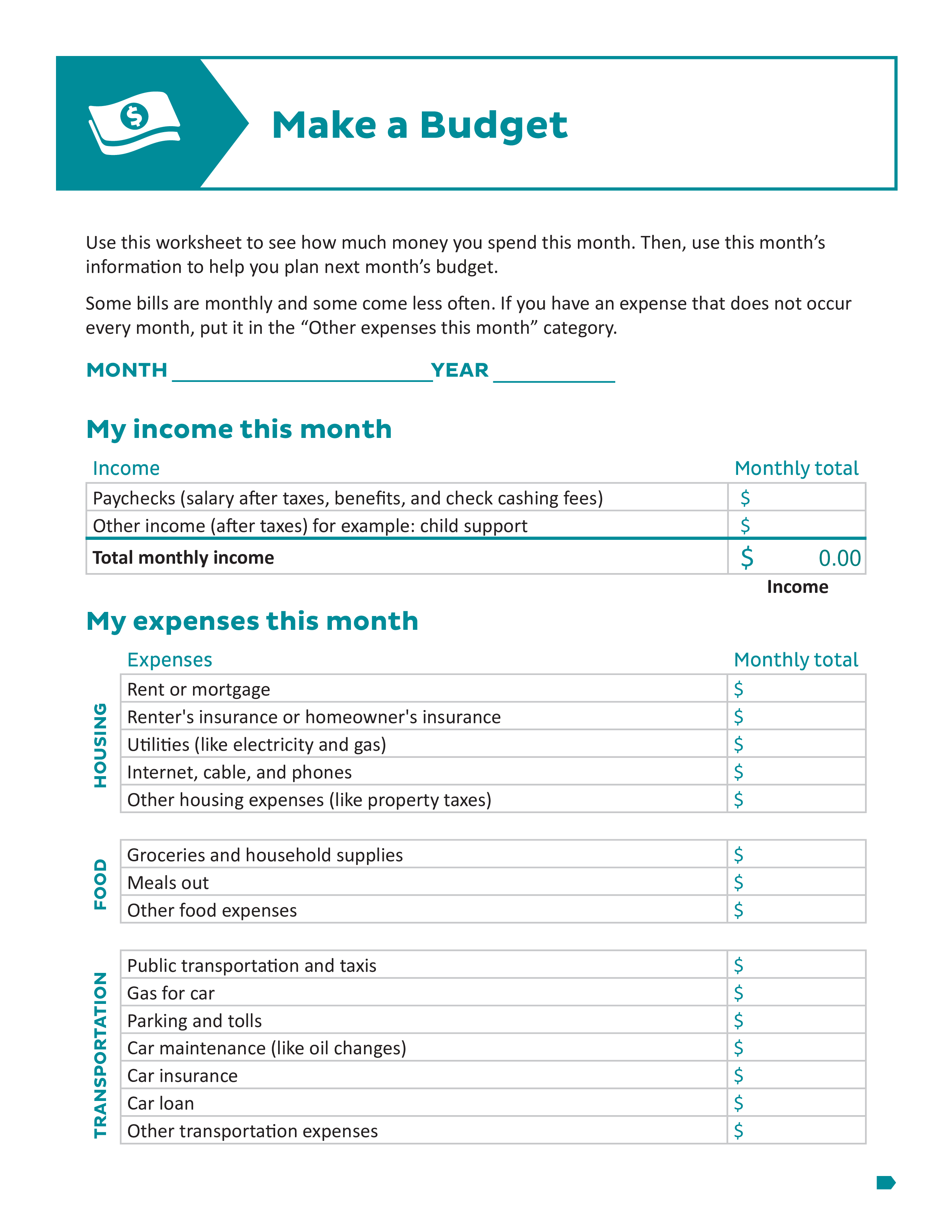 Monthly Printable Budget Worksheets for Tracking Expenses, and