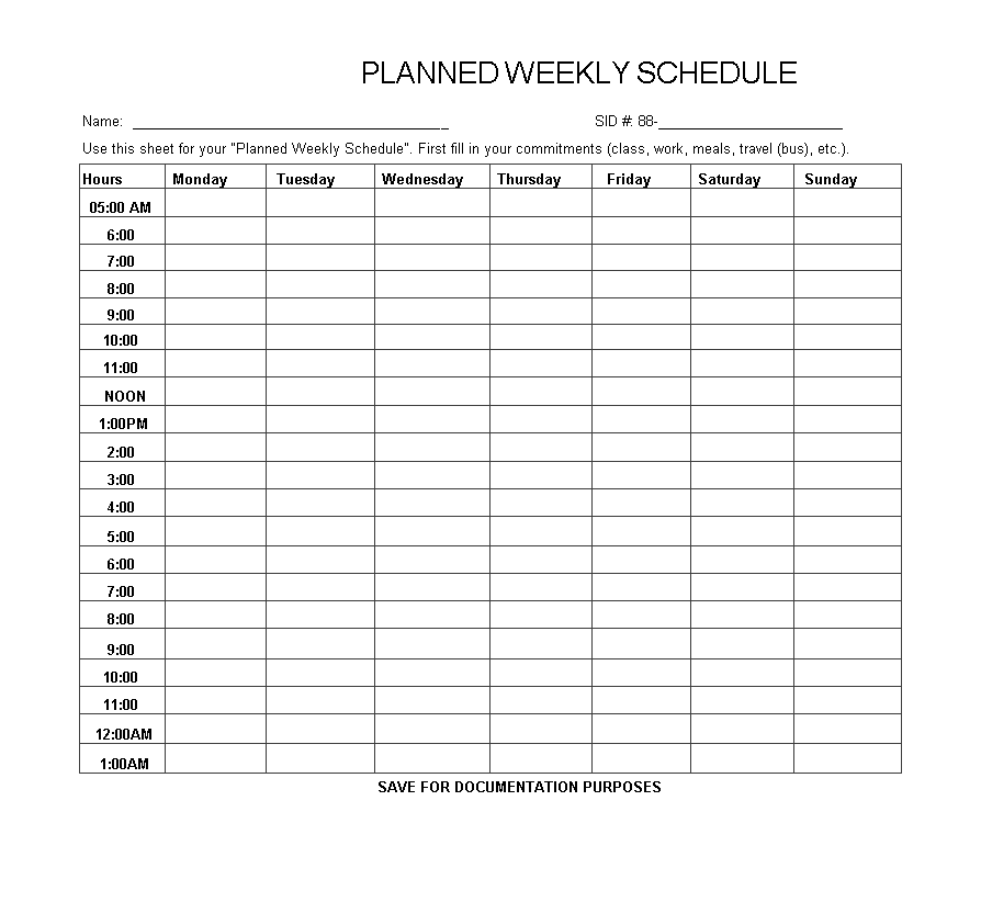 Weekly Planned Schedule Template Excel