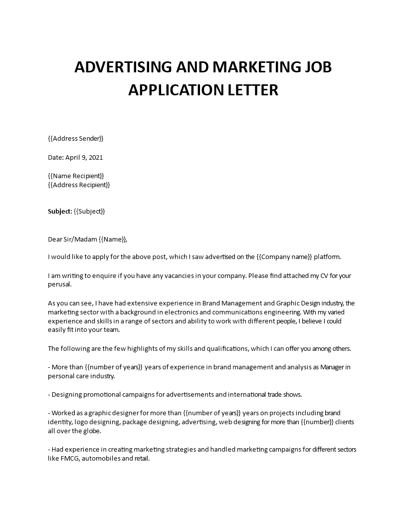 job application letter advertisement