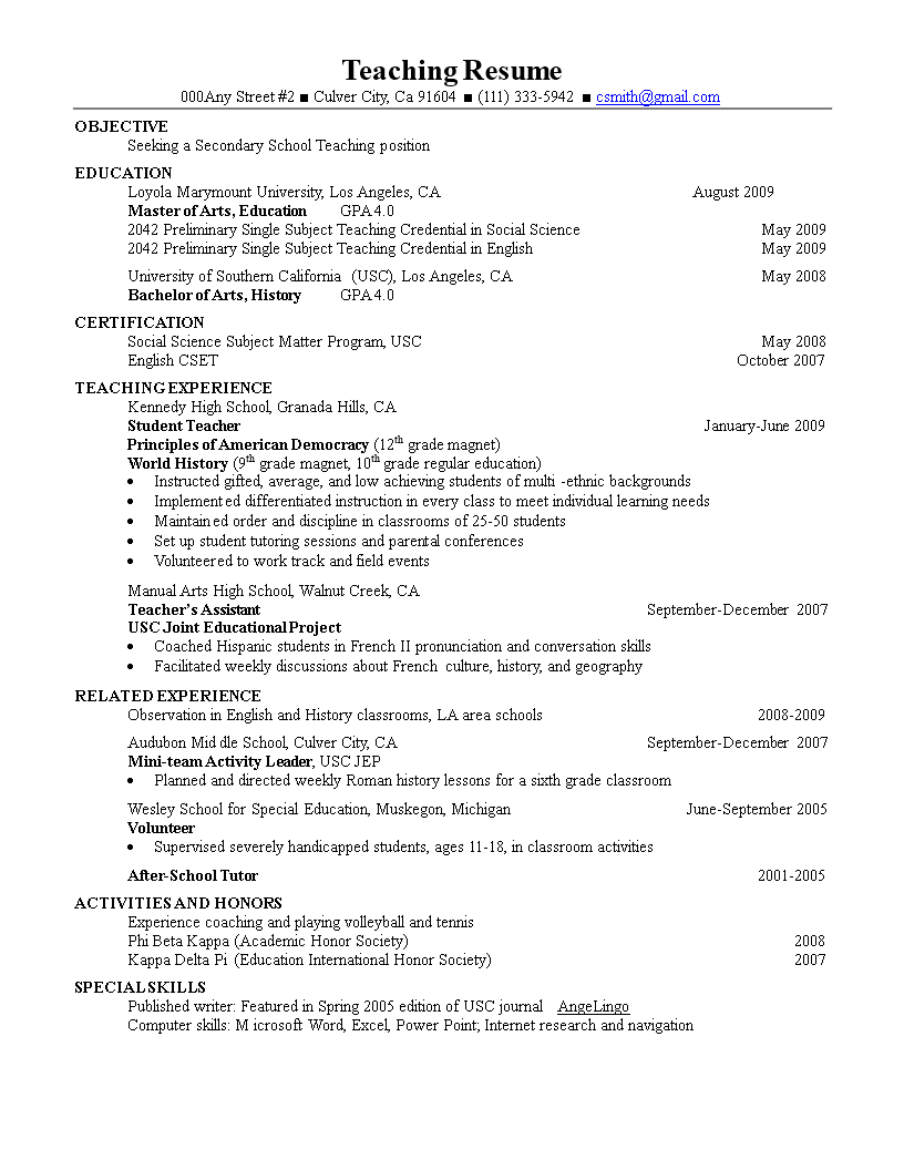 Sample Resume For Teacher In Word Format