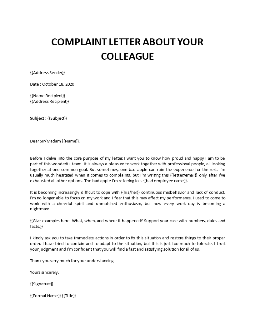 Complaint letter about colleague