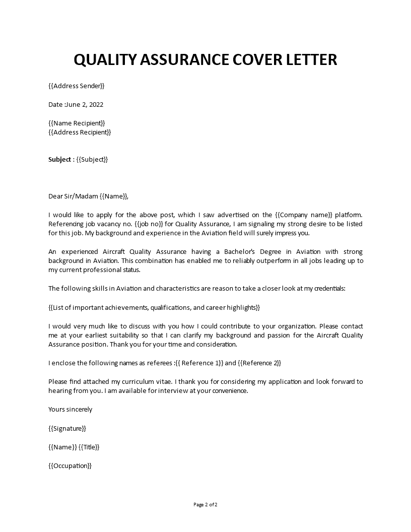 quality assurance cover letter entry level