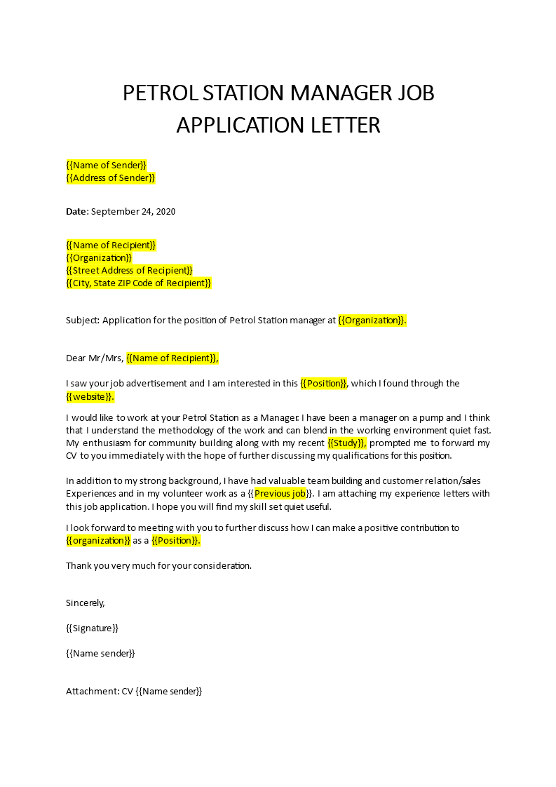 an application letter for a job in a filling station
