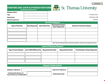 Request Overtime Leave Authorization Form