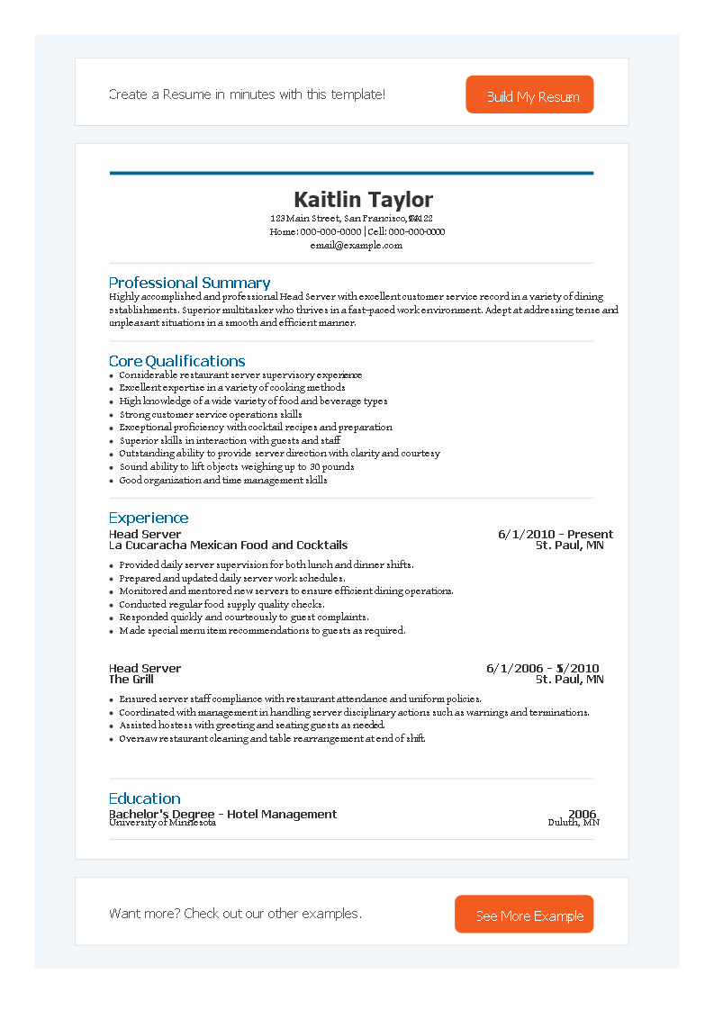 Head Server Resume