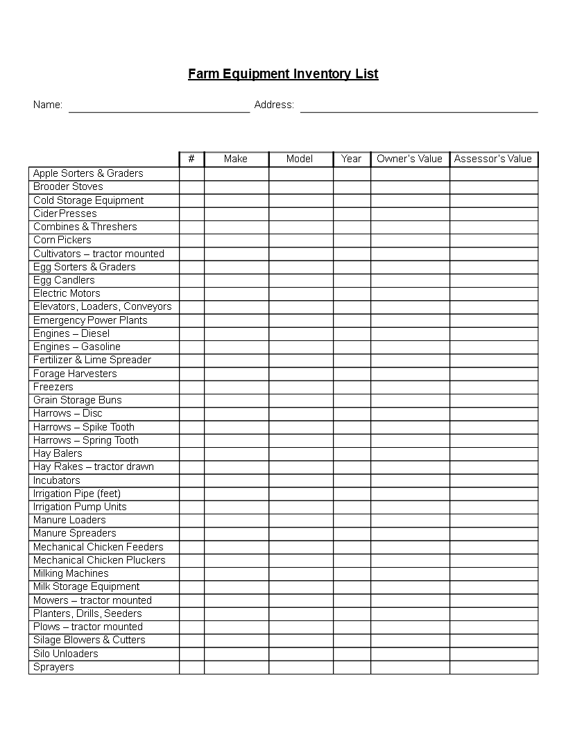 Farm Equipment Inventory List Template - Keep Track of Equipment ...