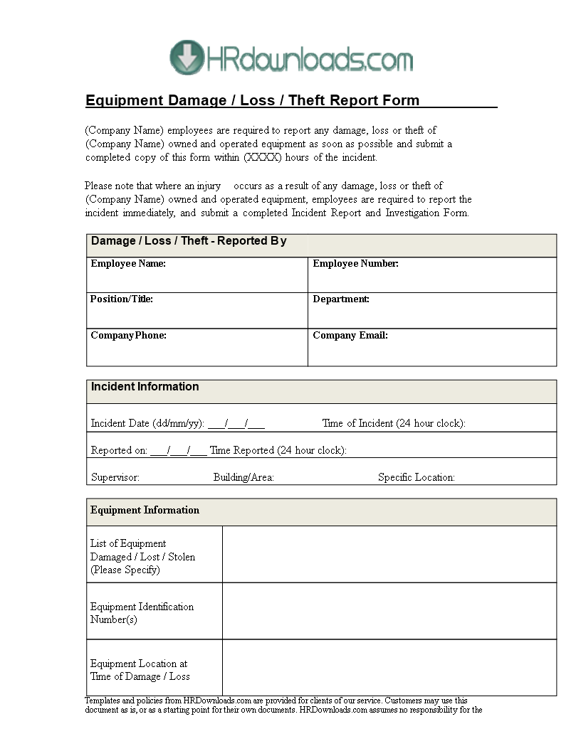 Equipment Damage Report Template - Report Theft and Damage