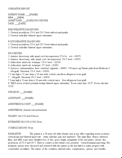 Patient Operative Report - Level, Anterior Approach | [Your Company Name]