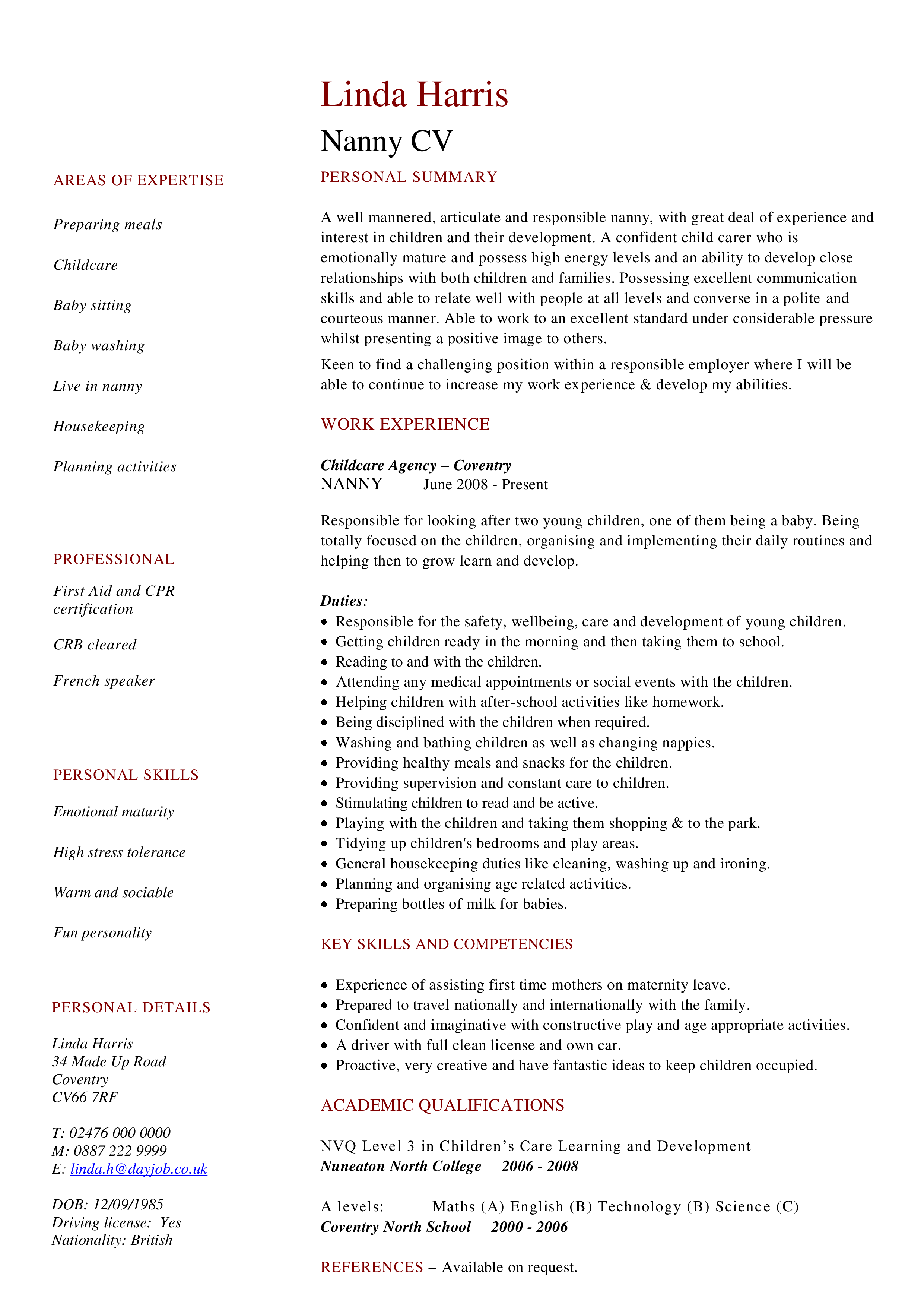 Responsible Nanny Babysitter Resume for Personal Care of Children