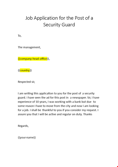application letter for the post of security in a supermarket