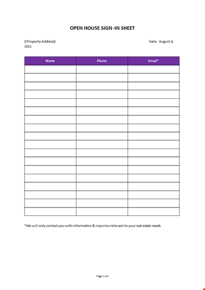 Open House Sign-in Sheet