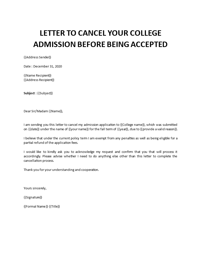 application letter for admission cancellation in college