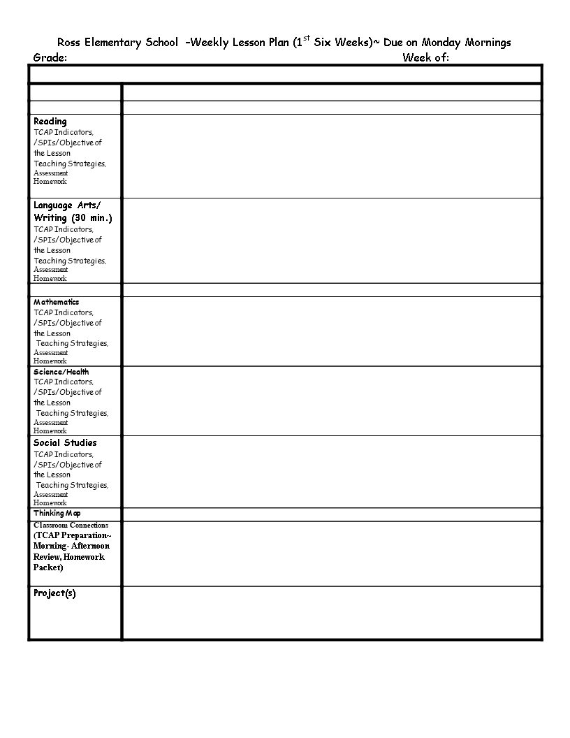 Elementary Weekly Lesson Plan Template