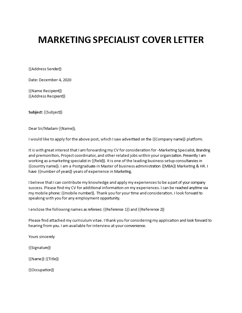 cover letter marketing specialist