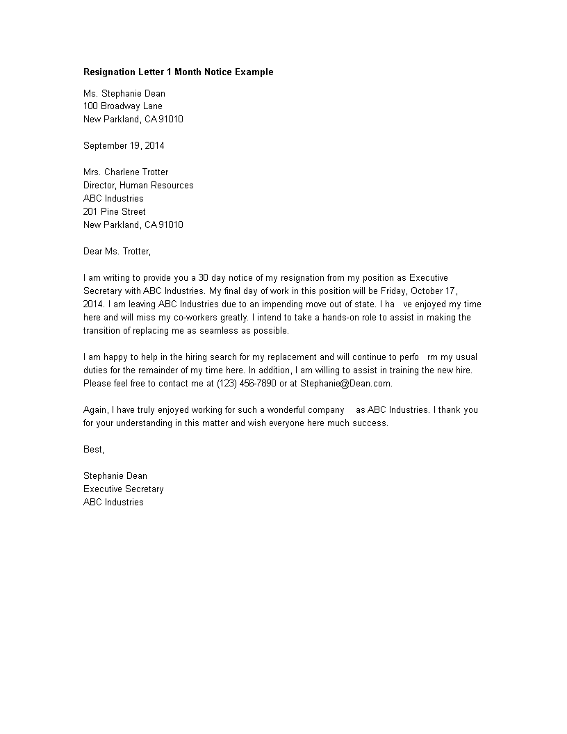 Resignation Letter Month Notice Example