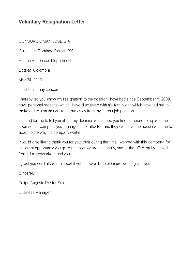 Examples Of Voluntary Resignation Letter