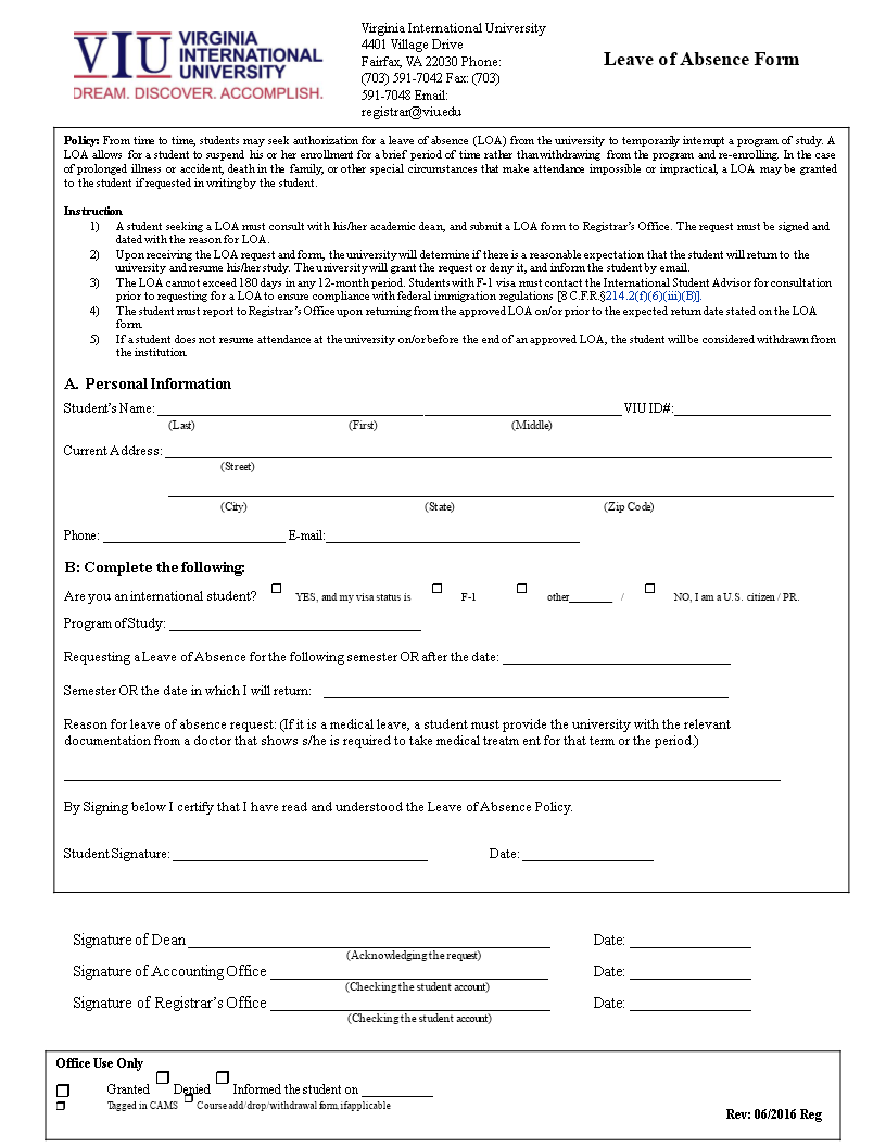 Leave of Absence Template for University Students