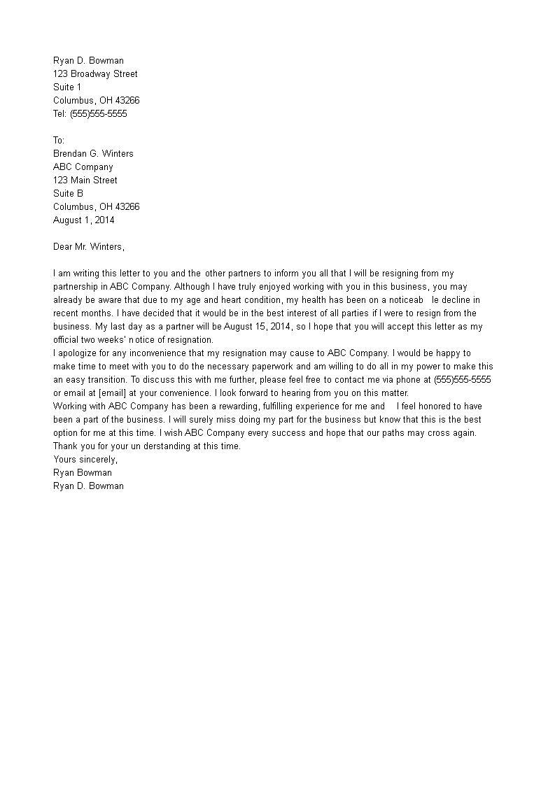 Small Business Resignation Letter