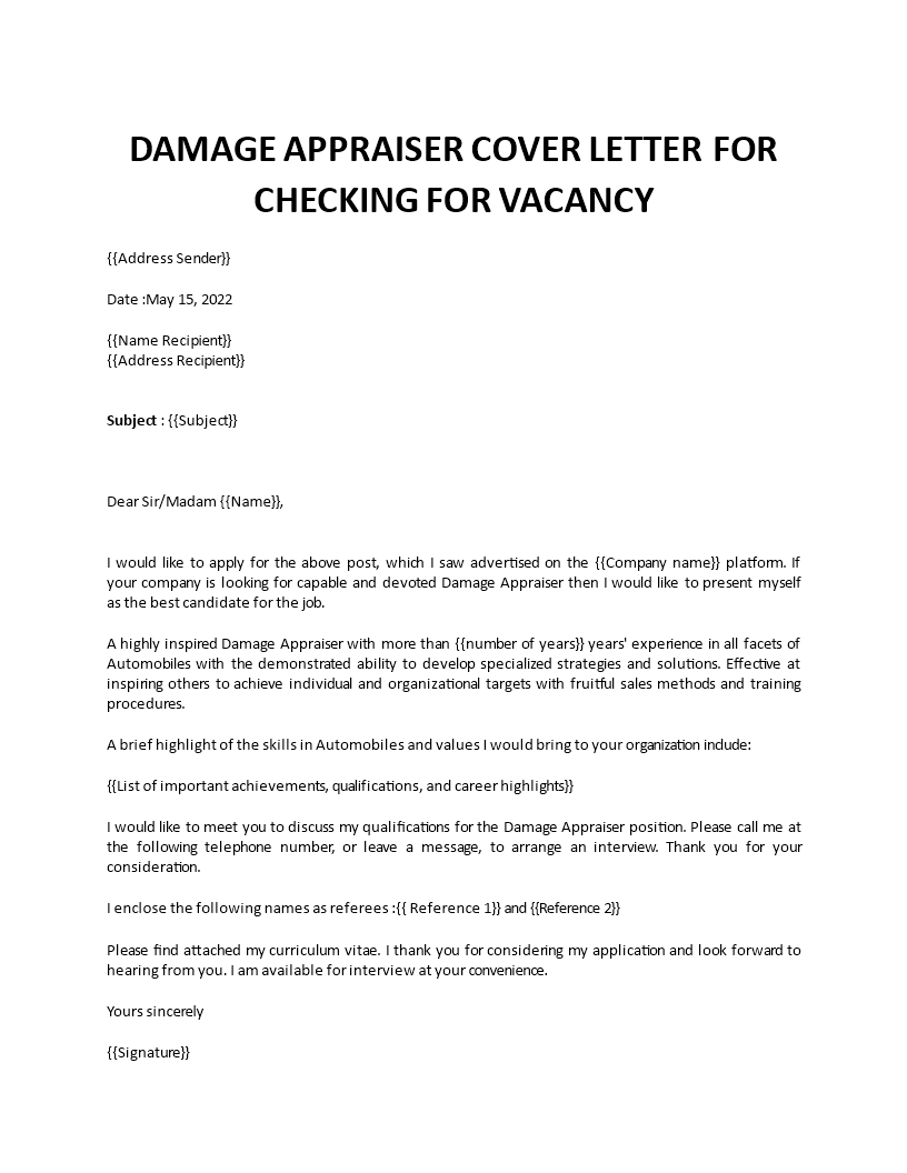 Damage Appraiser application letter