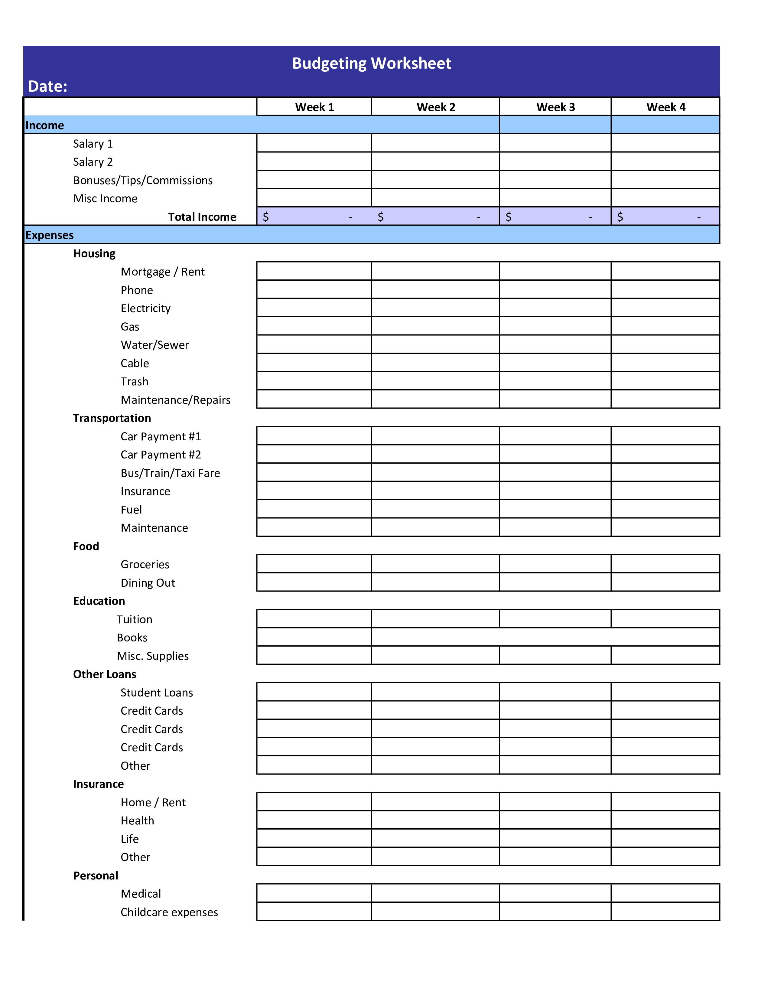 Budgeting Worksheet | Track Expenses, Total Costs, Other Income