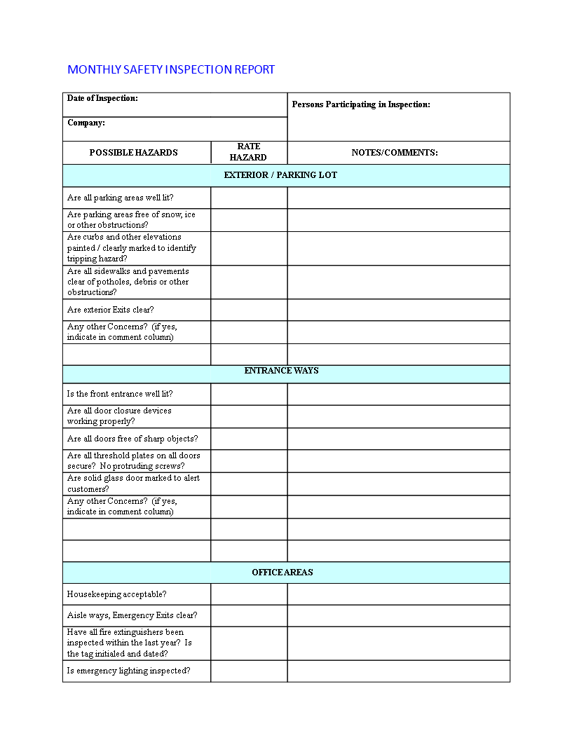 Monthly Safety Report: Indicate Concerns, Hazards & Safety