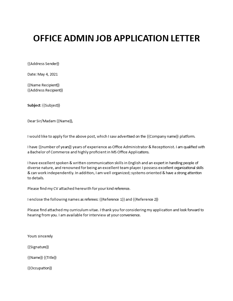 cover letter for job application admin