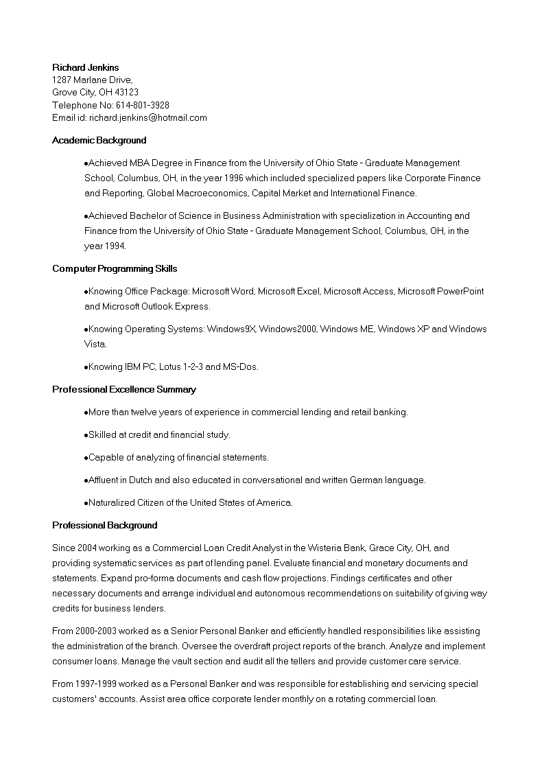 Corporate Banking Credit Analyst Resume