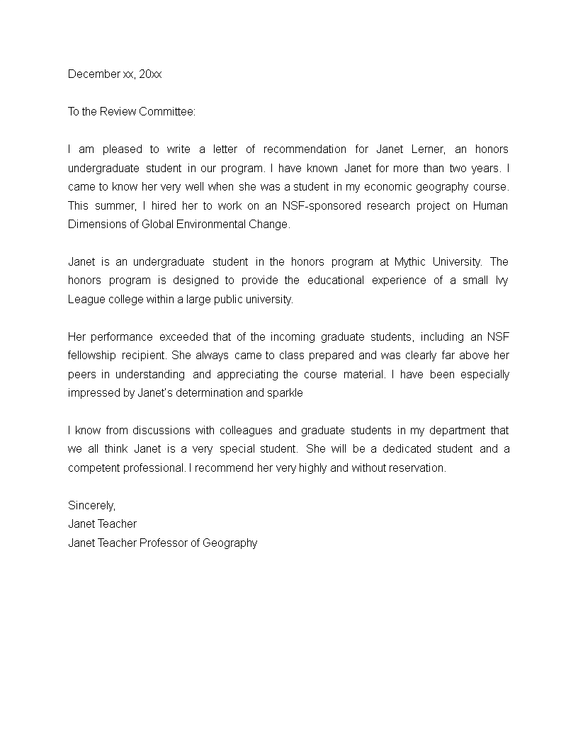 Teacher Recommendation Letter Template for Janet's Honors Program