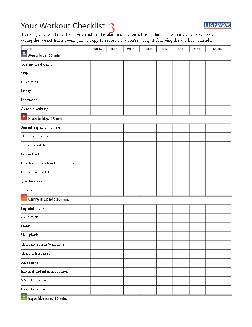 Personal Workout Checklist Template