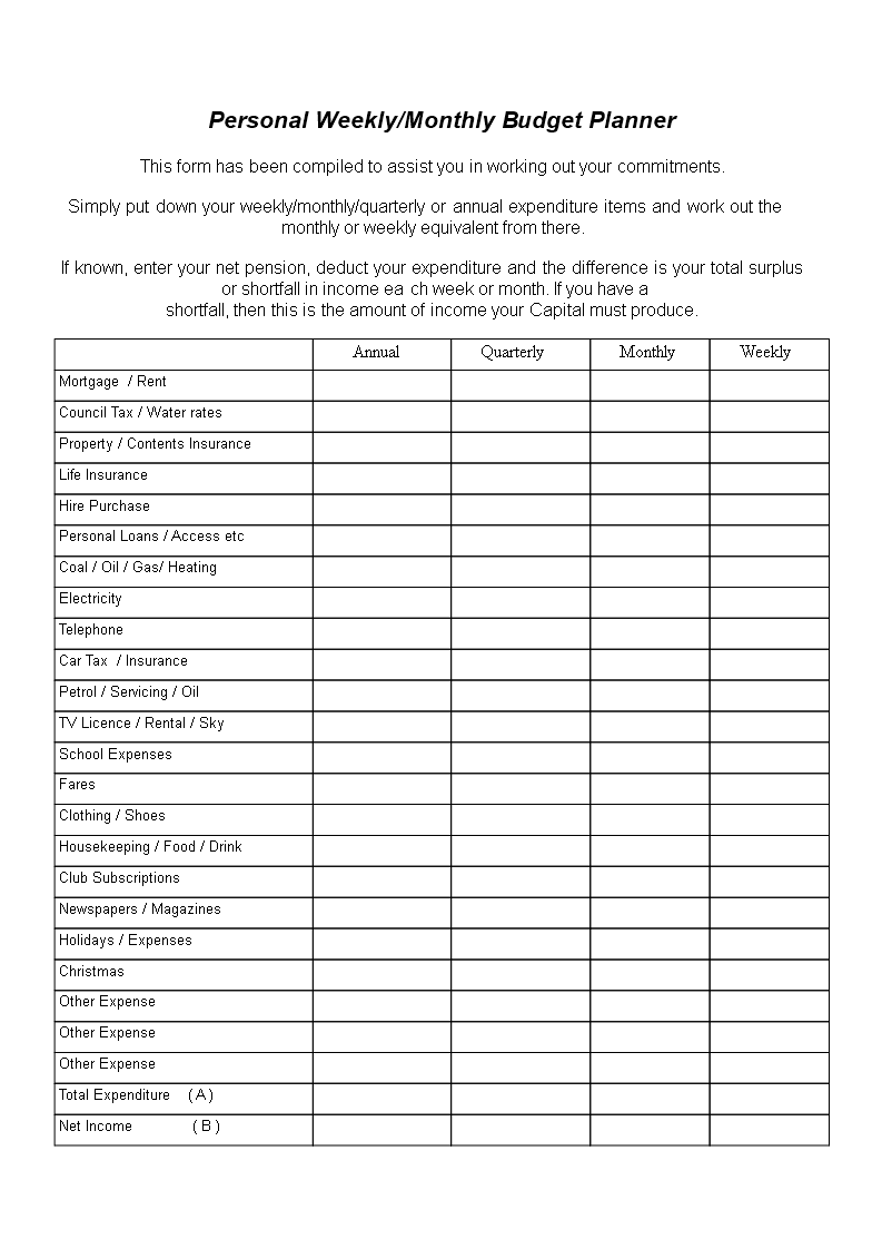 Free Weekly Budget Planner: Track Your Income, Expenditure, and Shortfall