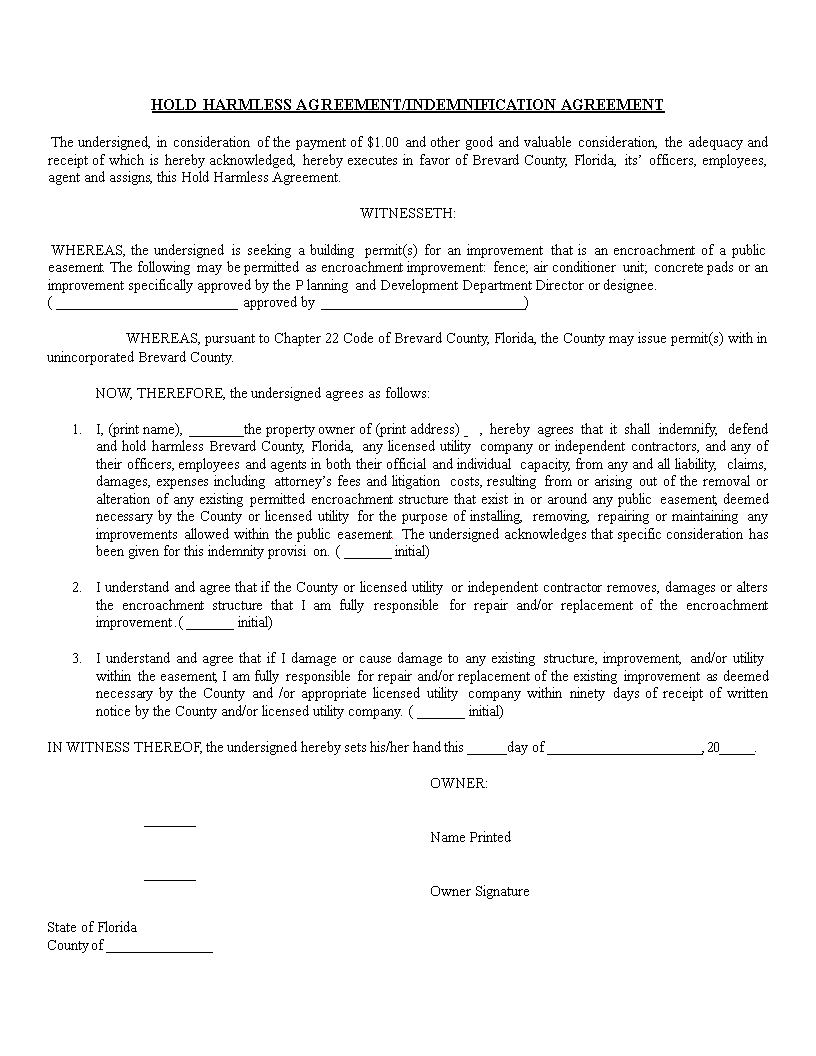 hold-harmless-agreement-template-for-improvement-undersigned-utility