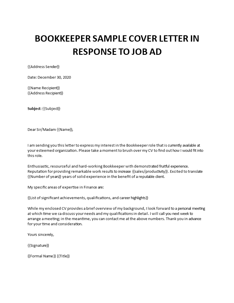 sample cover letter of a bookkeeper