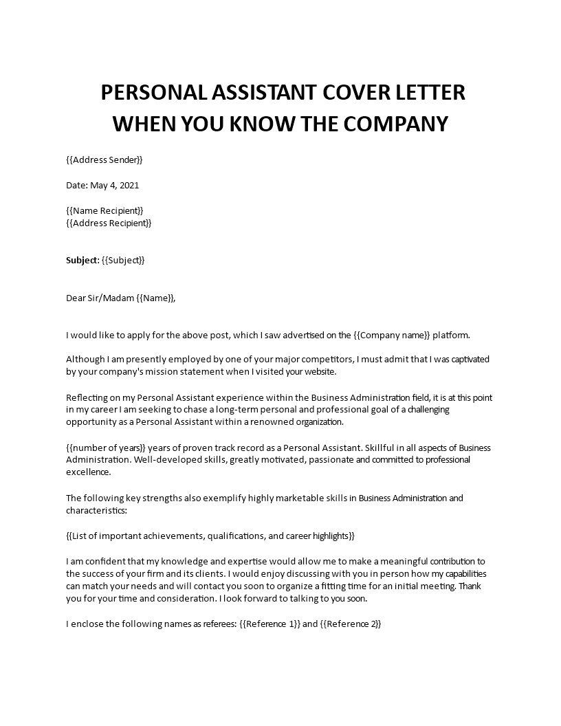 job application letter for personal assistant