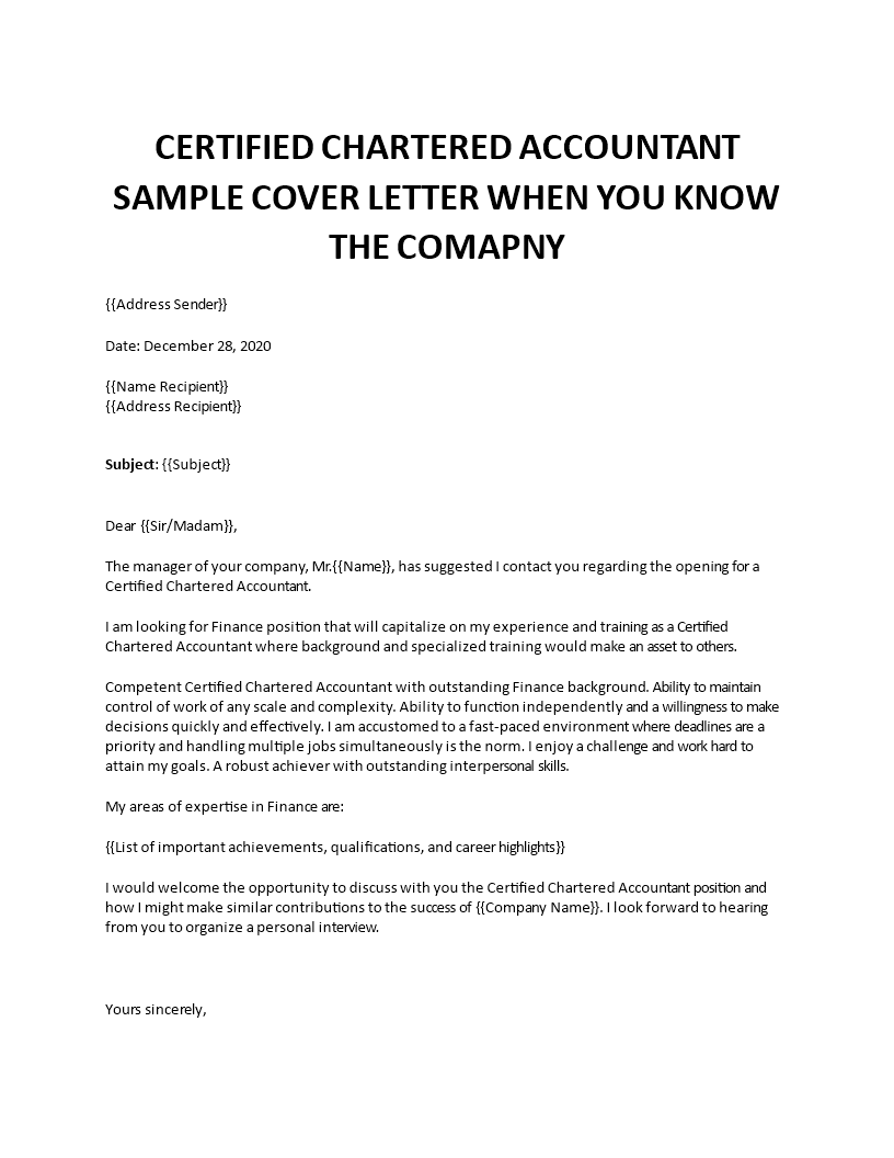 cover letter for chartered accountant job