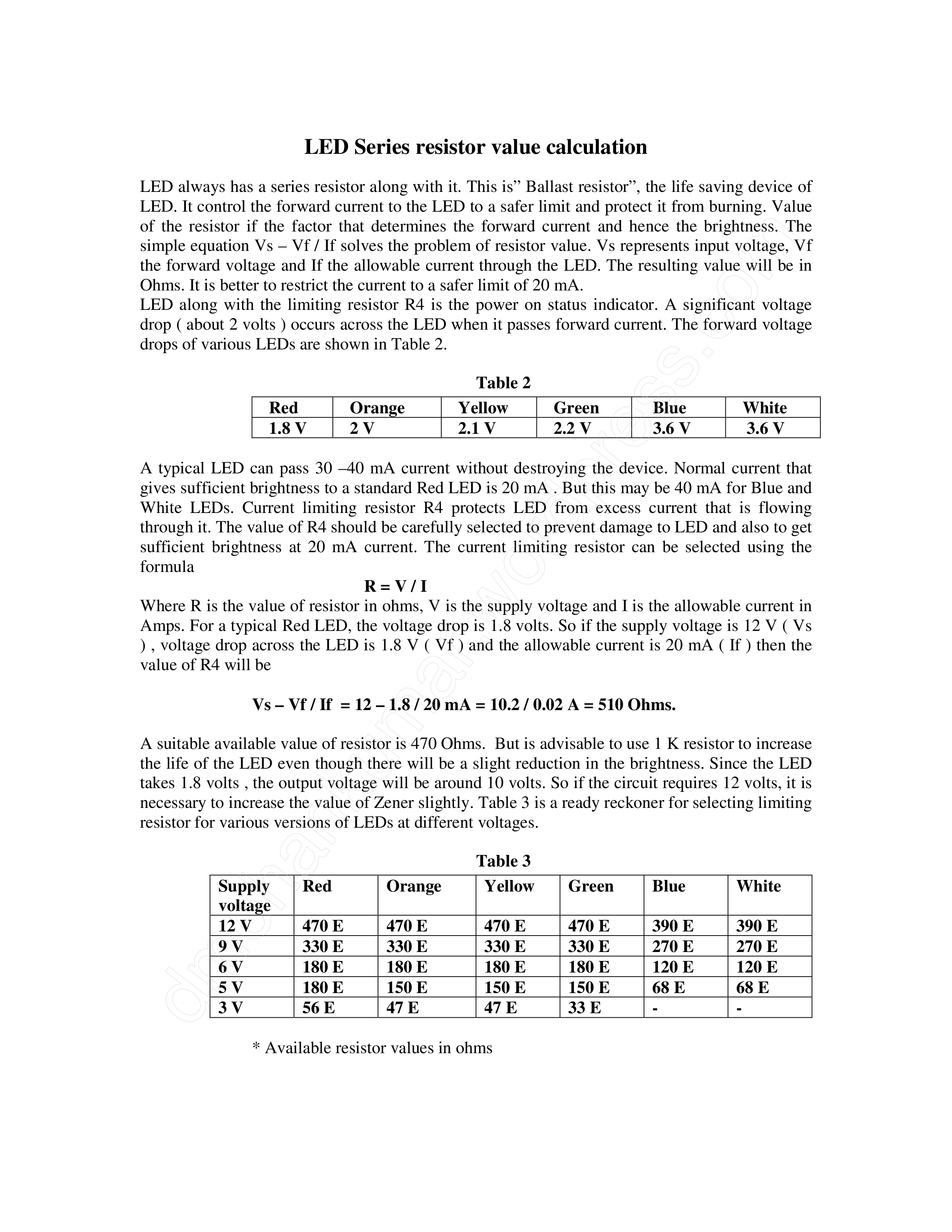 LED Resistor Chart for Current Regulation and LED Sizes