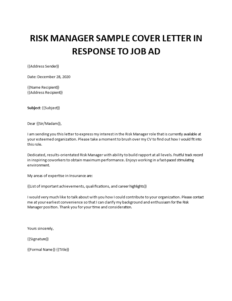 cover letters for risk manager