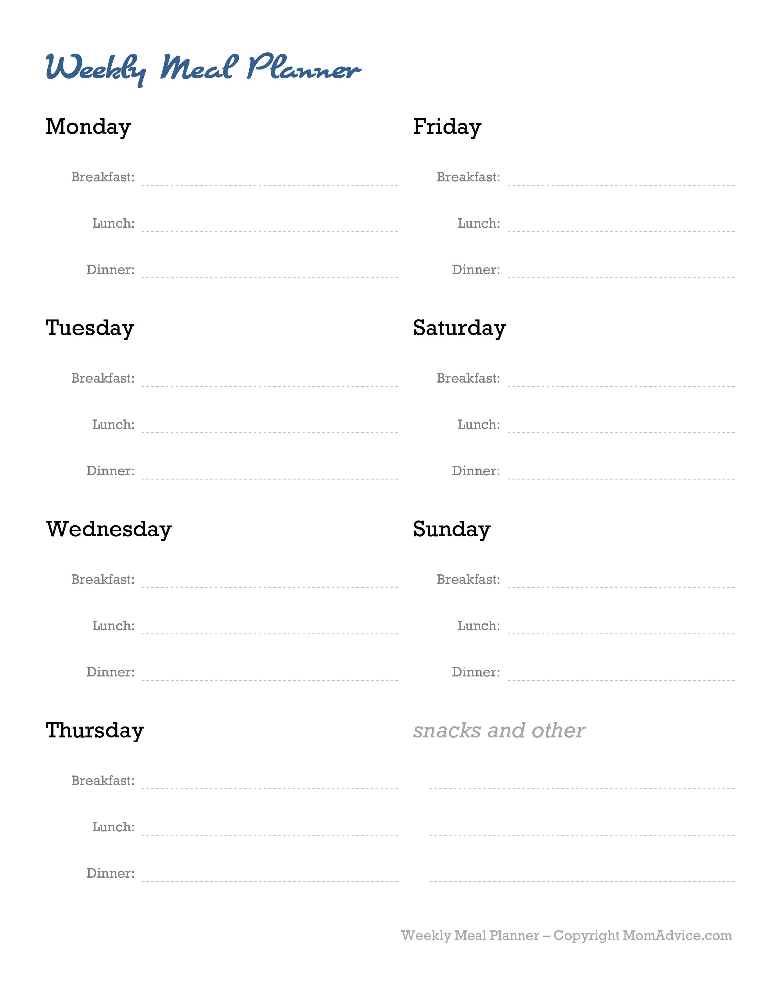 Free Weekly Meal Planner Template