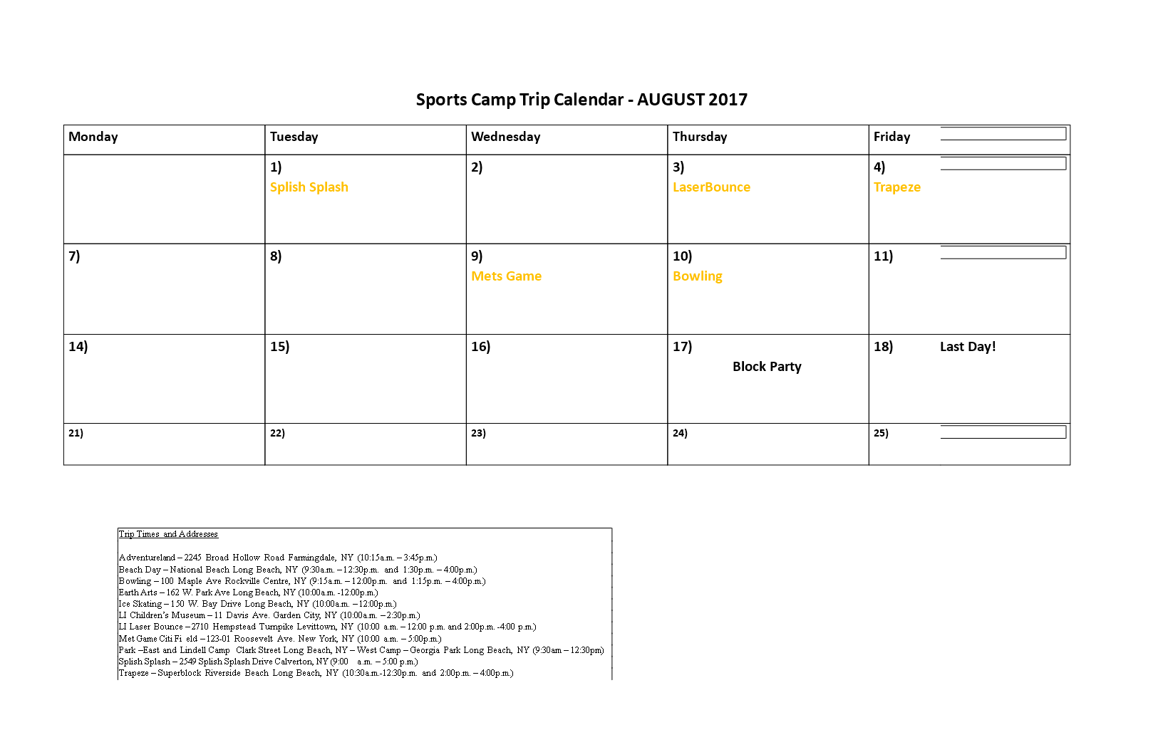 Sports August Calendar