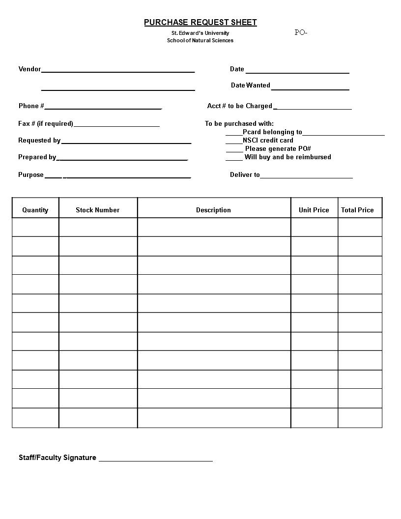 Sheet For Purchase Request Order