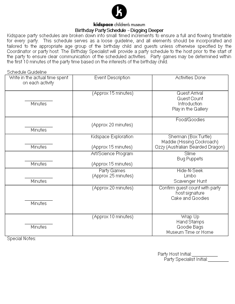 Sample Party Schedule Template