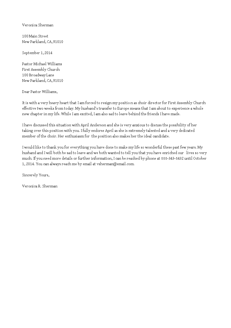 Church Resignation Letter