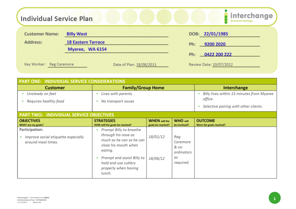 Individual Service Plan Example
