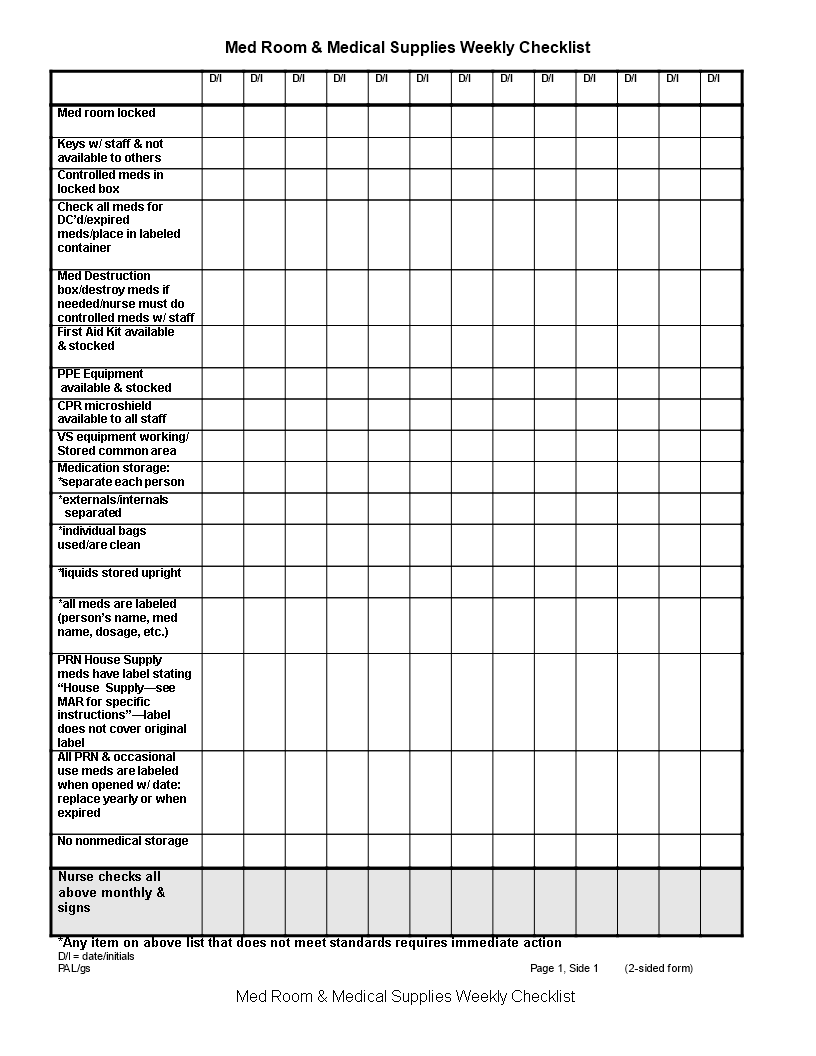 Medical Supplies Weekly Checklist