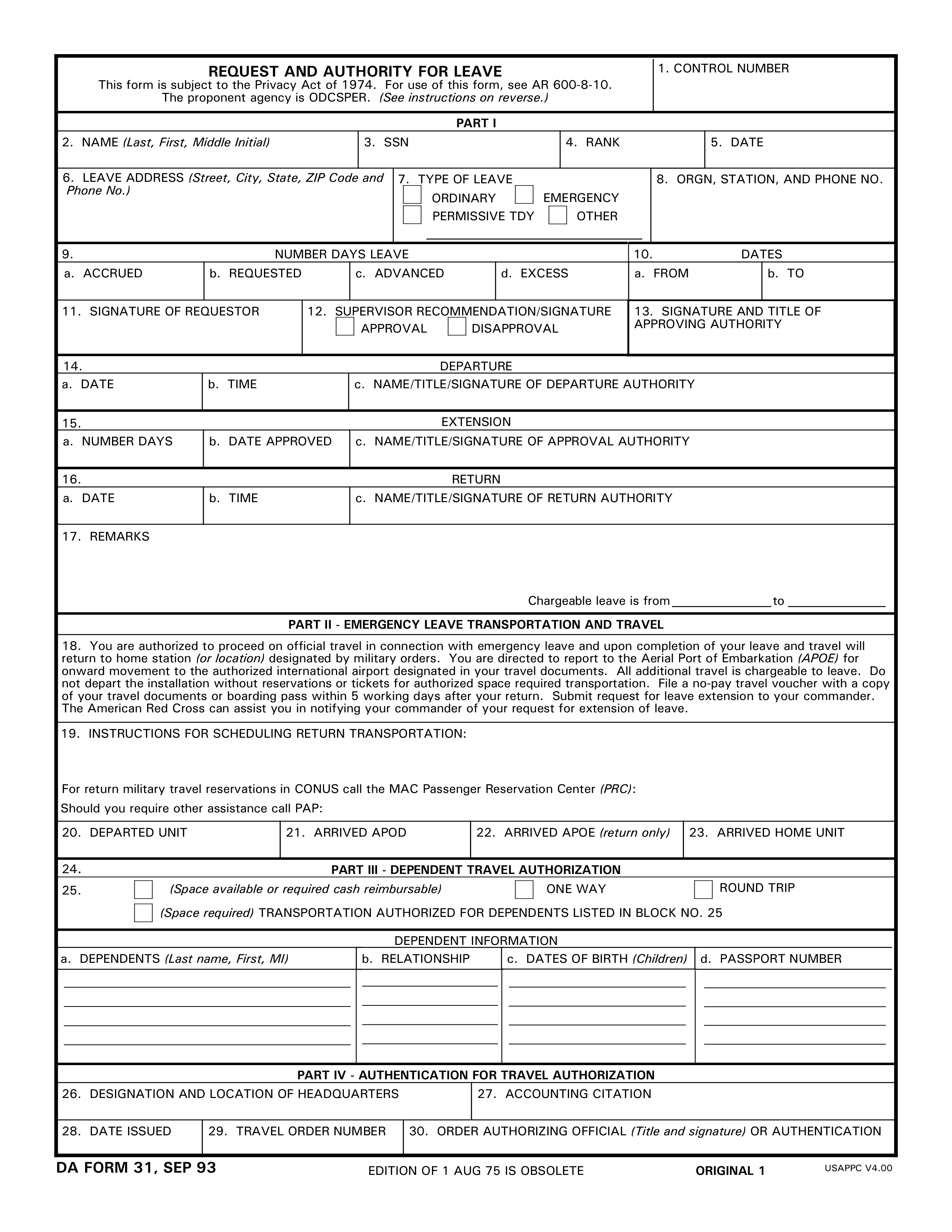 Da Form Template for Travel, Leave, Return with Signature | CTR Optimized